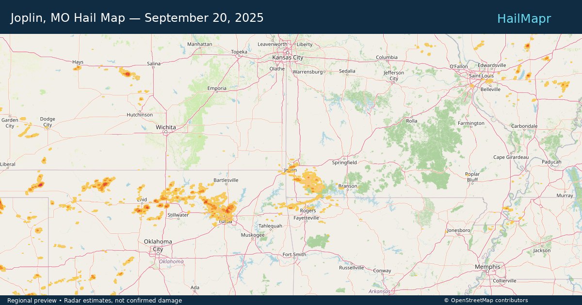 Joplin, MO Hail Map — September 20, 2025 — regional heatmap and storm polygons