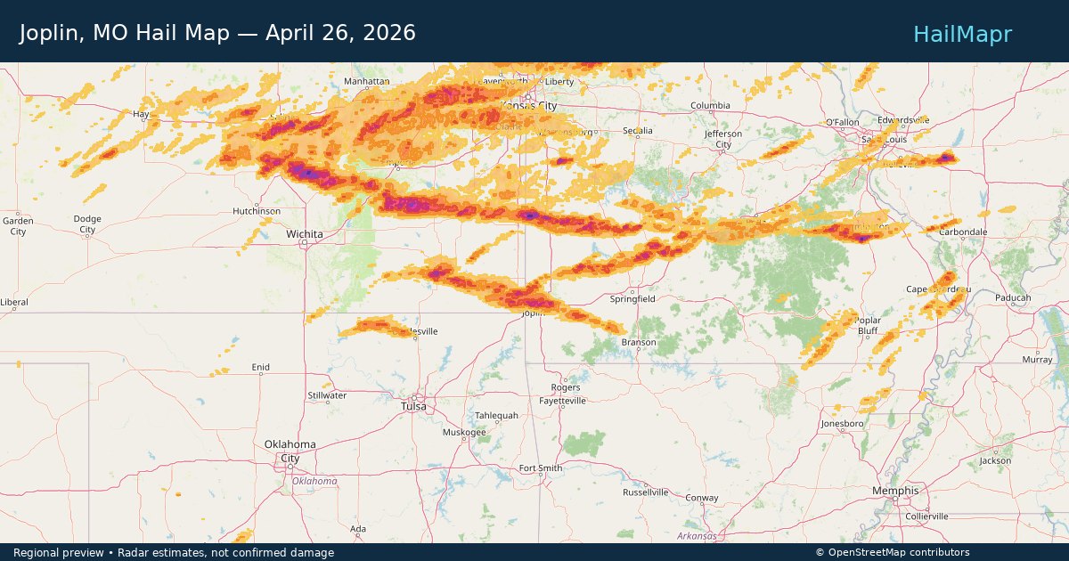 Joplin, MO Hail Map — April 26, 2026 — regional heatmap and storm polygons