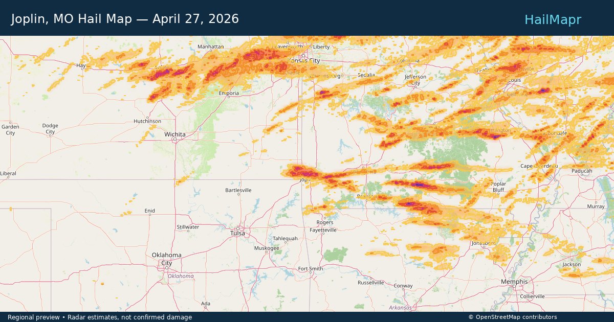 Joplin, MO Hail Map — April 27, 2026 — regional heatmap and storm polygons