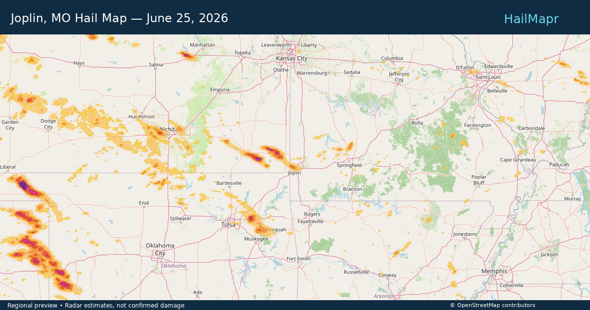 Joplin, MO Hail Map — June 25, 2026 — regional heatmap and storm polygons