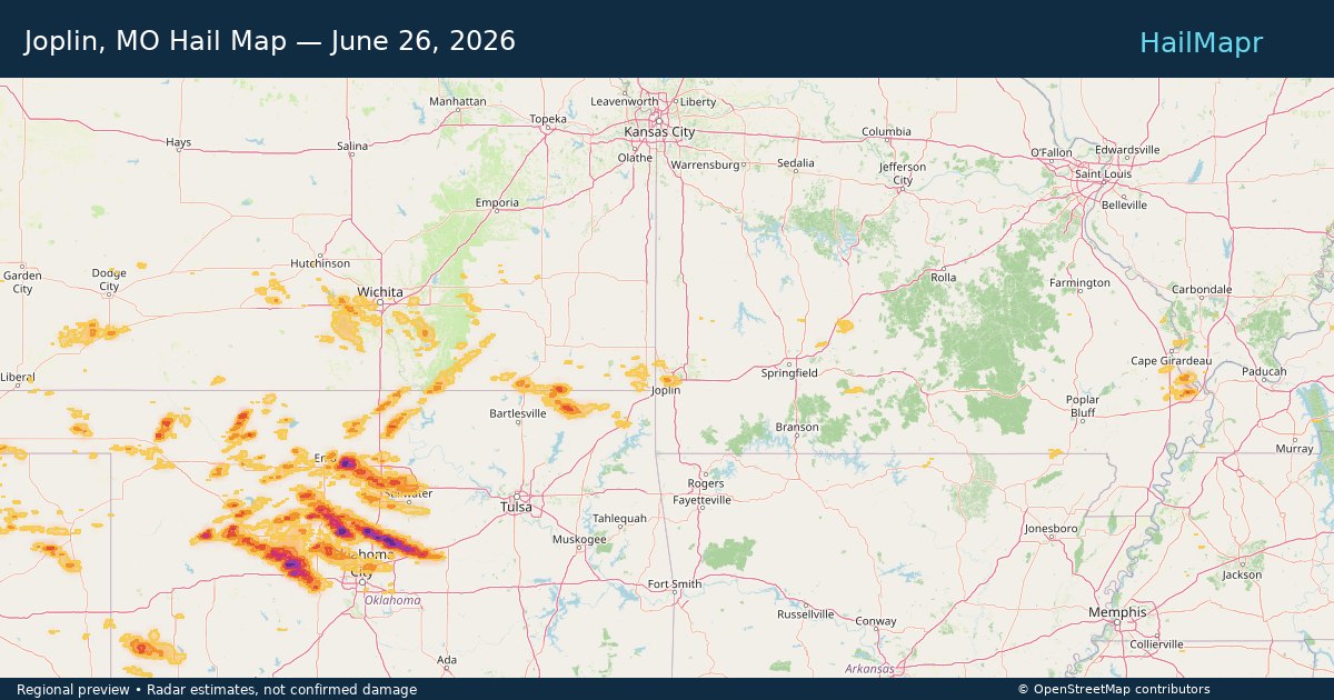 Joplin, MO Hail Map — June 26, 2026 — regional heatmap and storm polygons