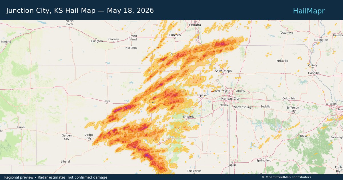 Junction City, KS Hail Map — May 18, 2026 — regional heatmap and storm polygons
