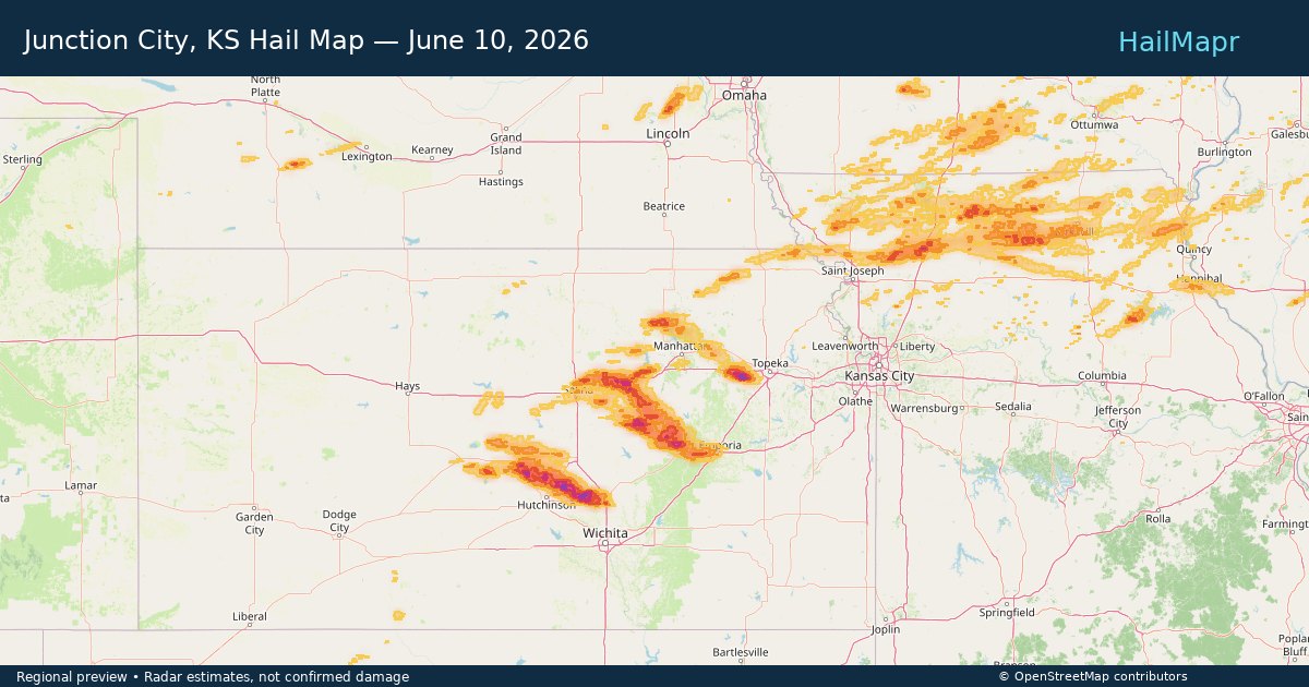 Junction City, KS Hail Map — June 10, 2026 — regional heatmap and storm polygons