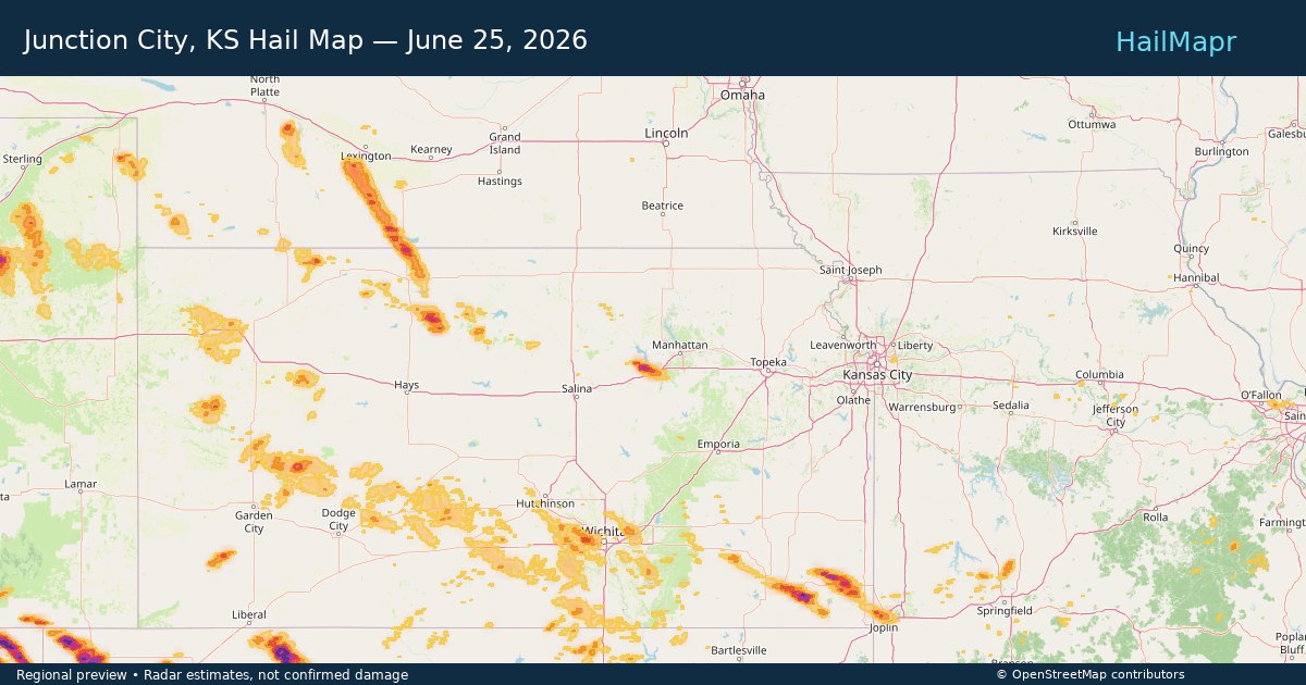 Junction City, KS Hail Map — June 25, 2026 — regional heatmap and storm polygons