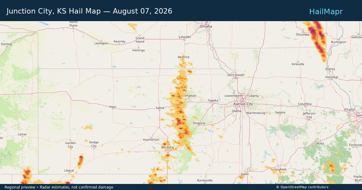 Junction City, KS Hail Map — August 07, 2026 — regional heatmap and storm polygons