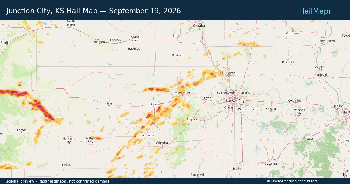 Junction City, KS Hail Map — September 19, 2026 — regional heatmap and storm polygons