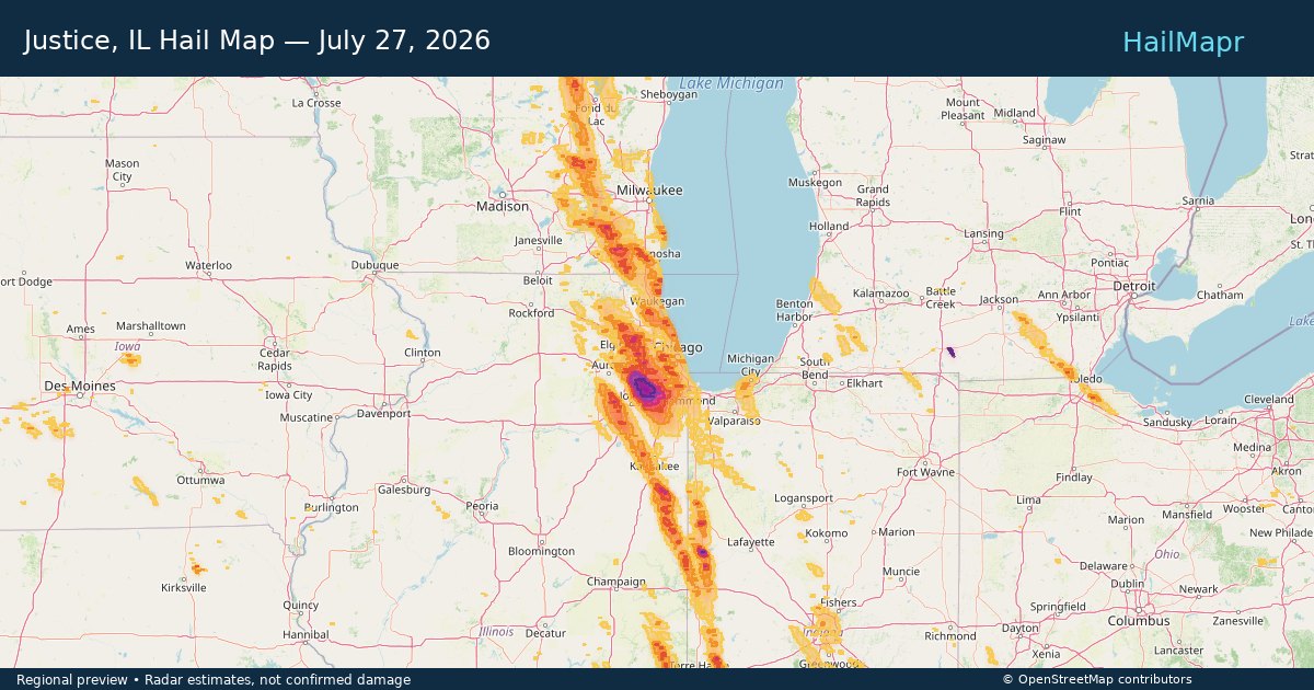 Justice, IL Hail Map — July 27, 2026 — regional heatmap and storm polygons