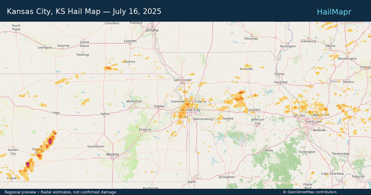 Kansas City, KS Hail Map — July 16, 2025 — regional heatmap and storm polygons