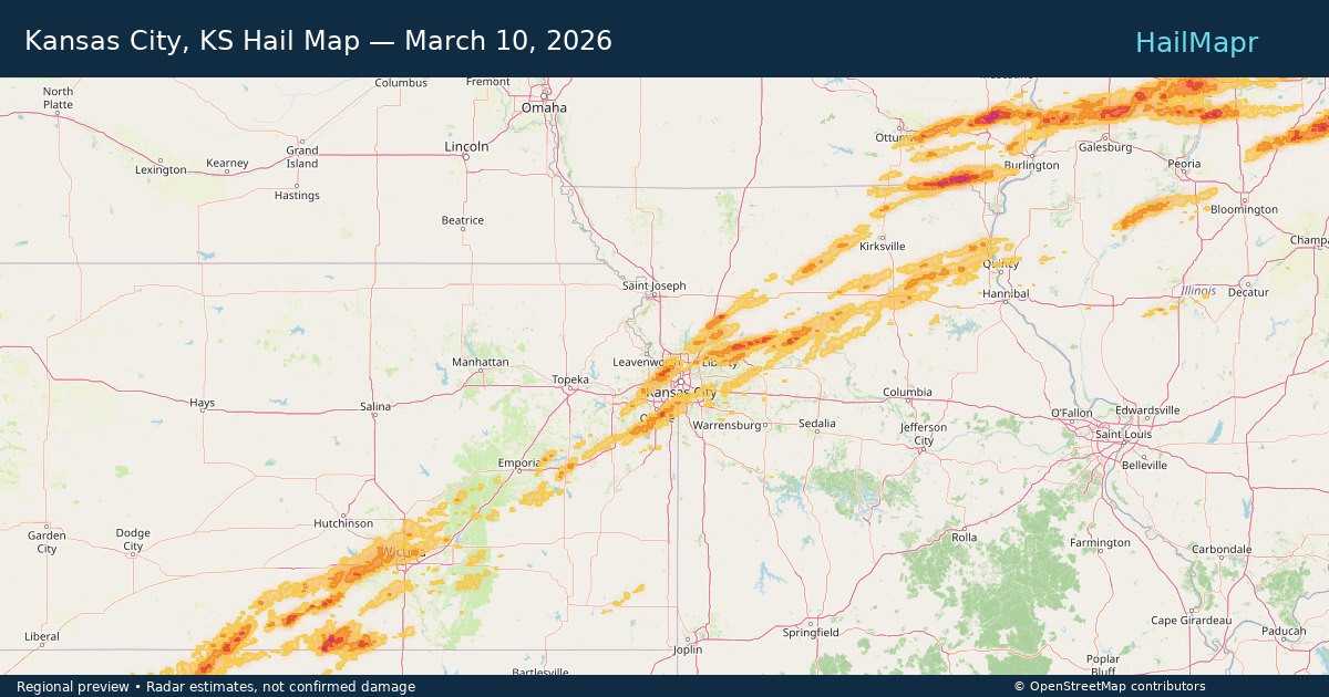 Kansas City, KS — March 10, 2026 — regional hail footprint preview
