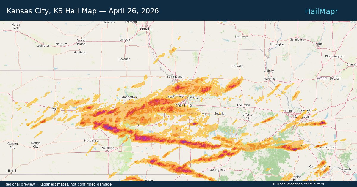 Kansas City, KS Hail Map — April 26, 2026 — regional heatmap and storm polygons