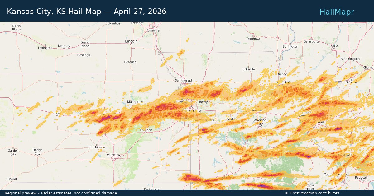 Kansas City, KS Hail Map — April 27, 2026 — regional heatmap and storm polygons