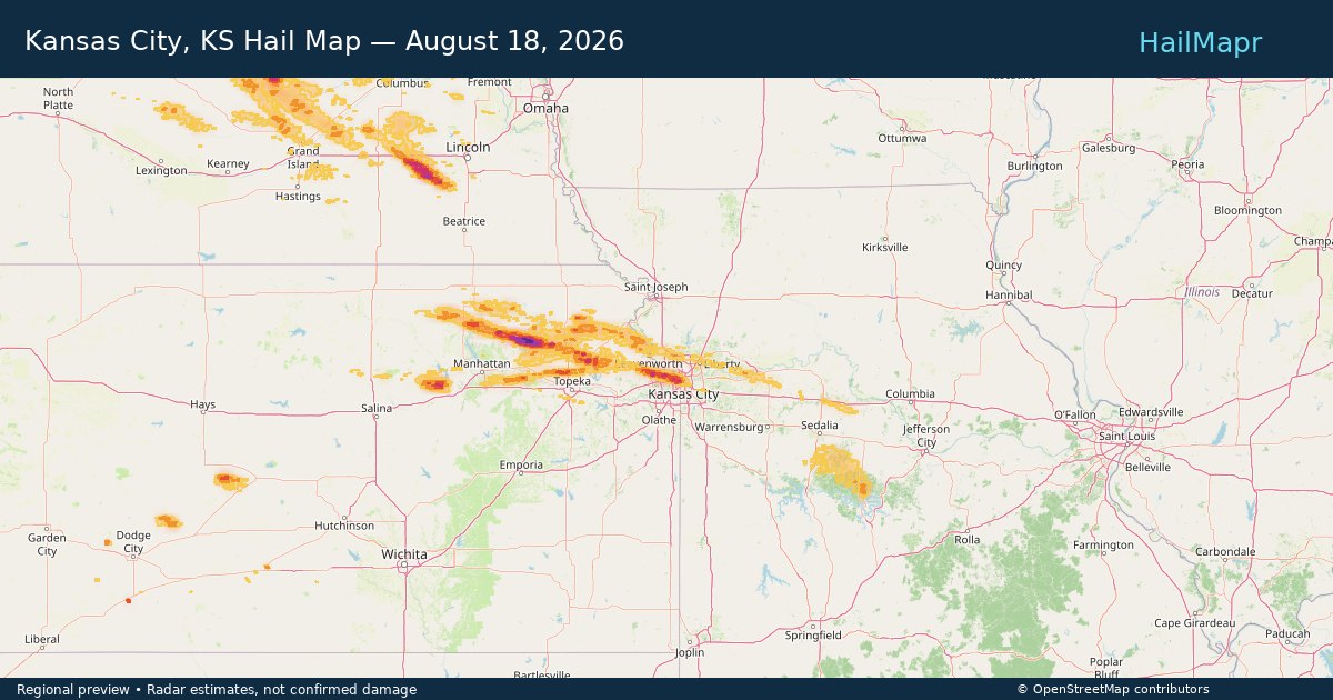 Kansas City, KS Hail Map — August 18, 2026 — regional heatmap and storm polygons