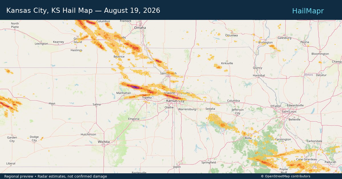 Kansas City, KS Hail Map — August 19, 2026 — regional heatmap and storm polygons