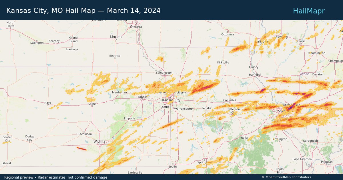 Kansas City, MO Hail Map — March 14, 2024 — regional heatmap and storm polygons