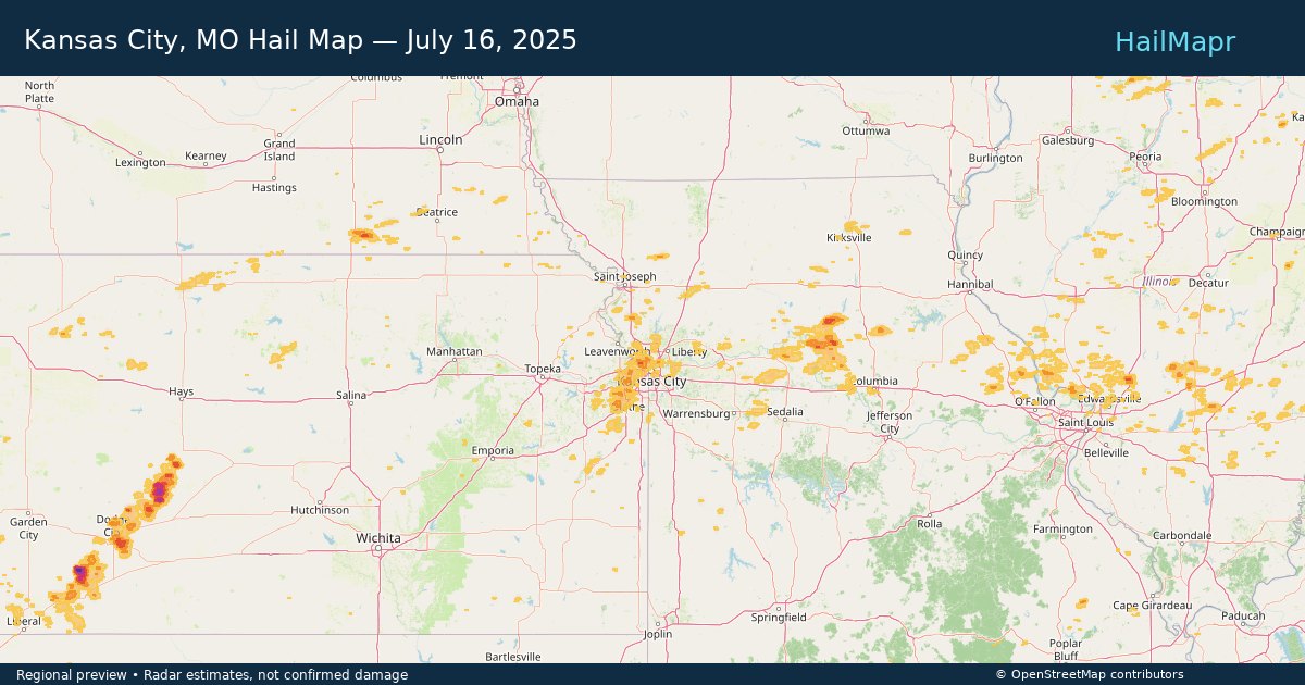 Kansas City, MO — July 16, 2025 — regional hail footprint preview