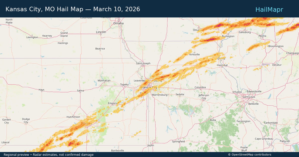 Kansas City, MO — March 10, 2026 — regional hail footprint preview