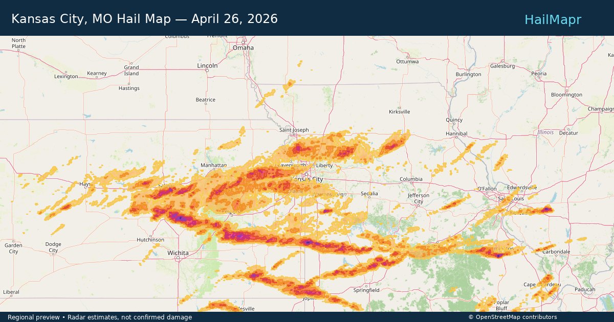 Kansas City, MO Hail Map — April 26, 2026 — regional heatmap and storm polygons