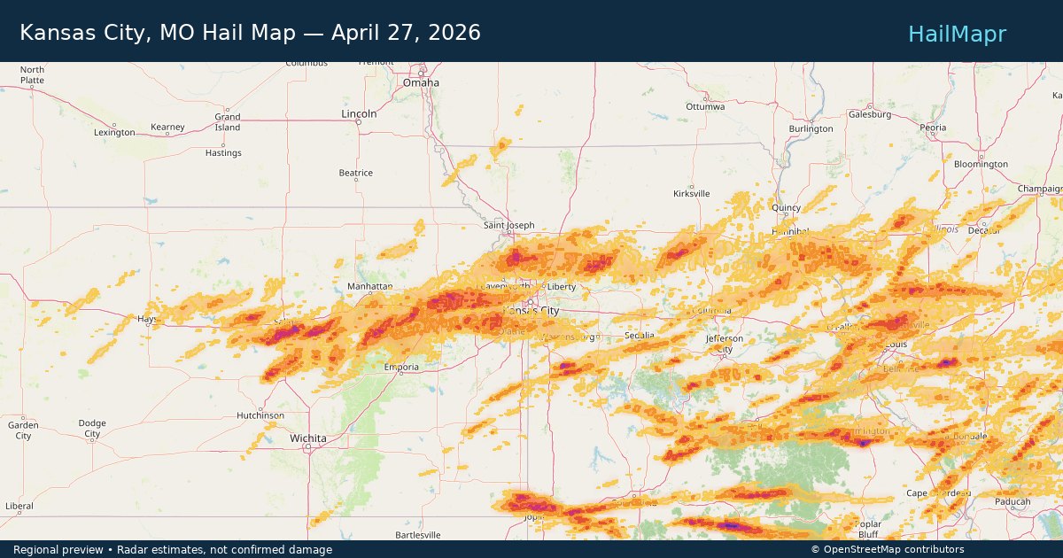 Kansas City, MO Hail Map — April 27, 2026 — regional heatmap and storm polygons