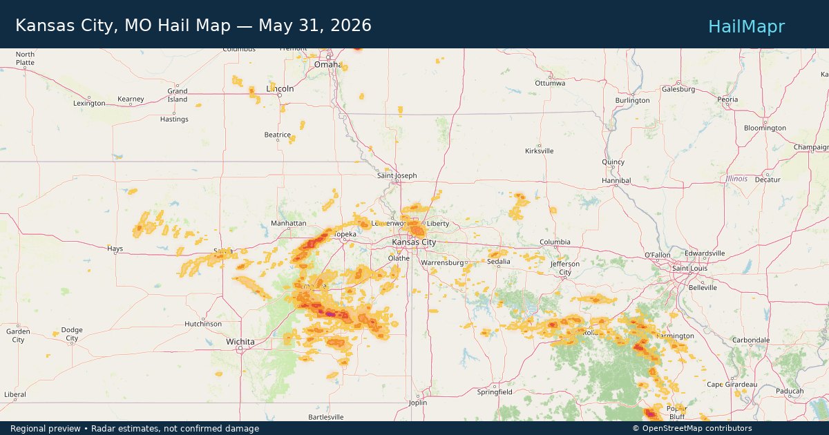 Kansas City, MO Hail Map — May 31, 2026 — regional heatmap and storm polygons