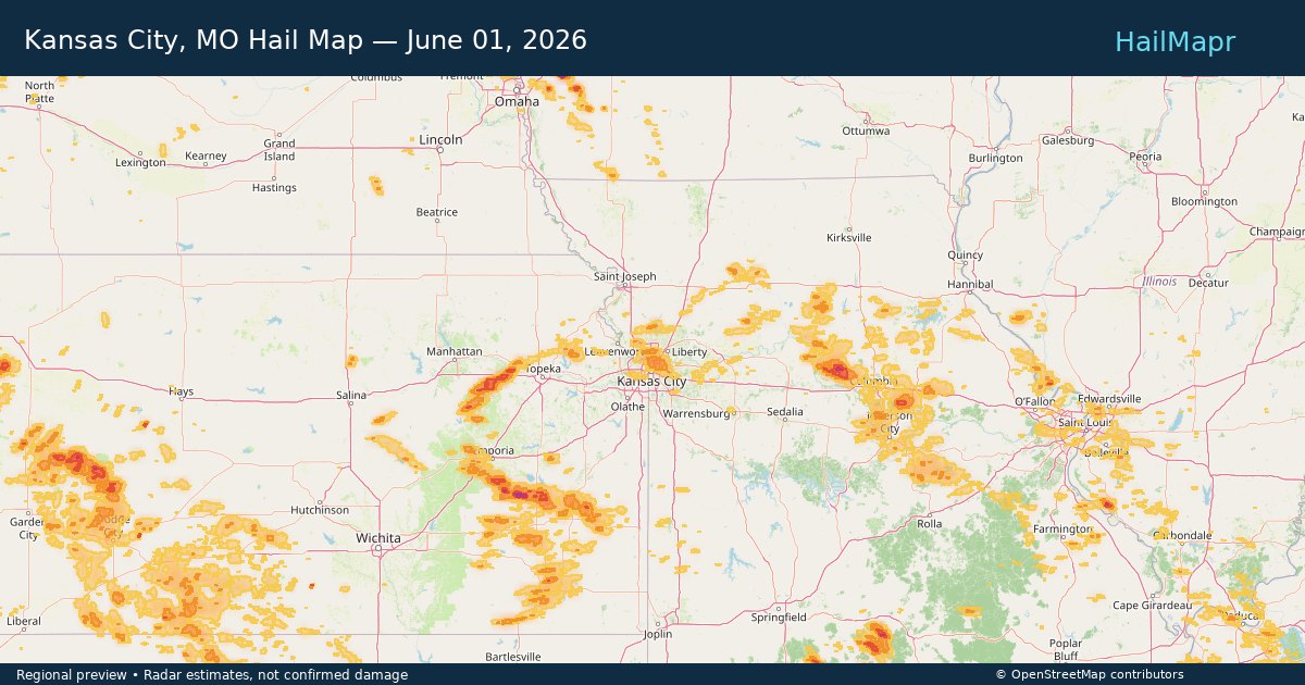 Kansas City, MO Hail Map — June 01, 2026 — regional heatmap and storm polygons