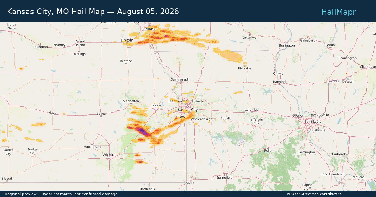 Kansas City, MO Hail Map — August 05, 2026 — regional heatmap and storm polygons