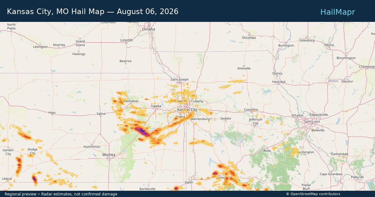 Kansas City, MO Hail Map — August 06, 2026 — regional heatmap and storm polygons