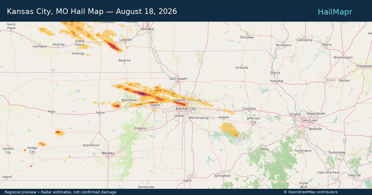 Kansas City, MO Hail Map — August 18, 2026 — regional heatmap and storm polygons