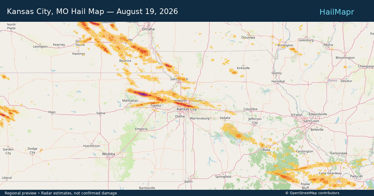 Kansas City, MO Hail Map — August 19, 2026 — regional heatmap and storm polygons