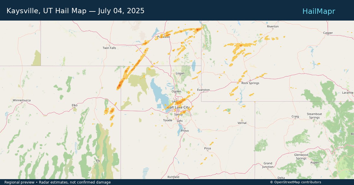 Kaysville, UT Hail Map — July 04, 2025 — regional heatmap and storm polygons