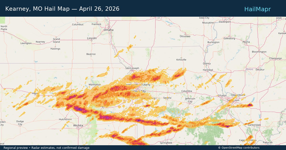 Kearney, MO Hail Map — April 26, 2026 — regional heatmap and storm polygons