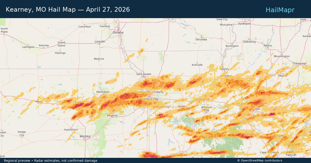 Kearney, MO Hail Map — April 27, 2026 — regional heatmap and storm polygons