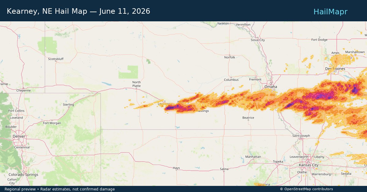 Kearney, NE Hail Map — June 11, 2026 — regional heatmap and storm polygons