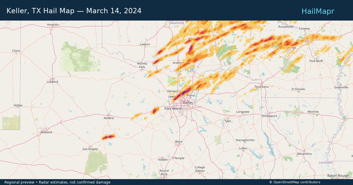 Keller, TX Hail Map — March 14, 2024 — regional heatmap and storm polygons
