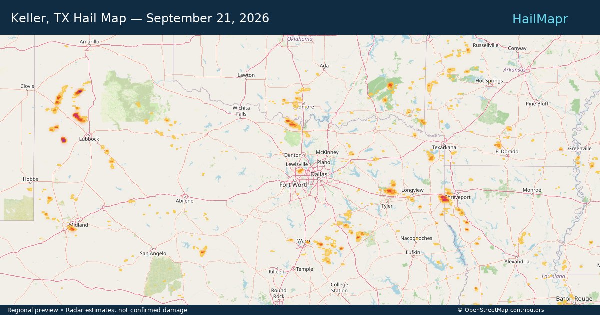 Keller, TX Hail Map — September 21, 2026 — regional heatmap and storm polygons