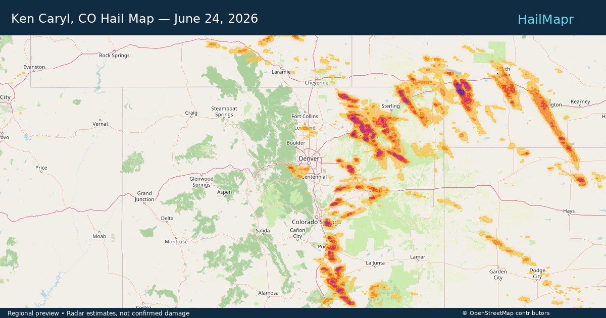 Ken Caryl, CO Hail Map — June 24, 2026 — regional heatmap and storm polygons