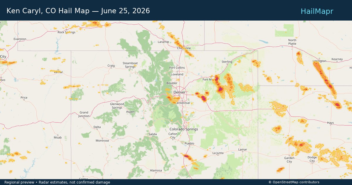 Ken Caryl, CO Hail Map — June 25, 2026 — regional heatmap and storm polygons