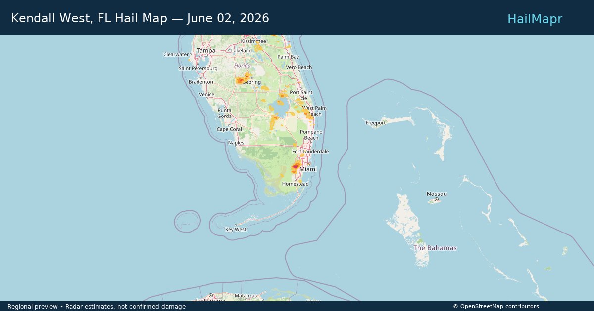 Kendall West, FL Hail Map — June 02, 2026 — regional heatmap and storm polygons