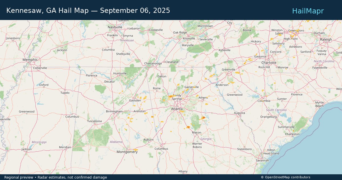 Kennesaw, GA Hail Map — September 06, 2025 — regional heatmap and storm polygons