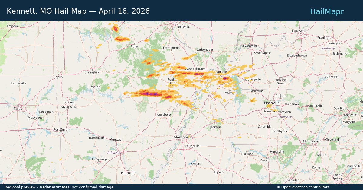 Kennett, MO Hail Map — April 16, 2026 — regional heatmap and storm polygons