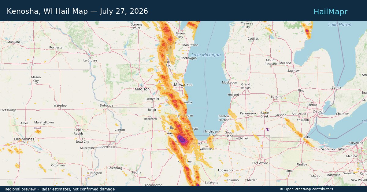 Kenosha, WI Hail Map — July 27, 2026 — regional heatmap and storm polygons