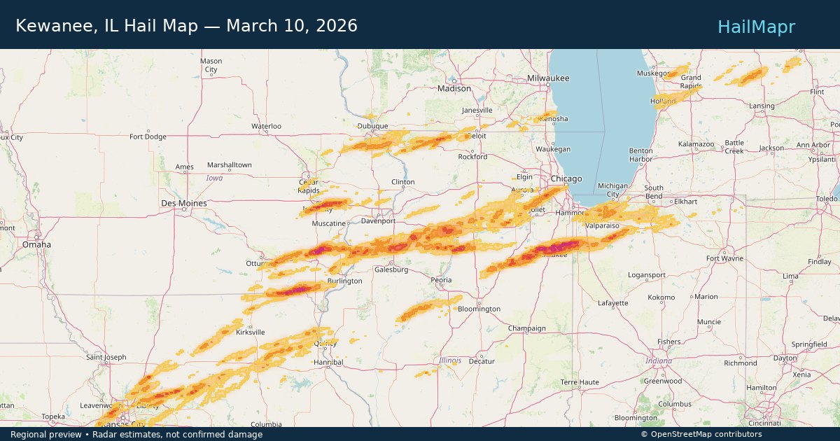 Kewanee, IL Hail Map — March 10, 2026 — regional heatmap and storm polygons
