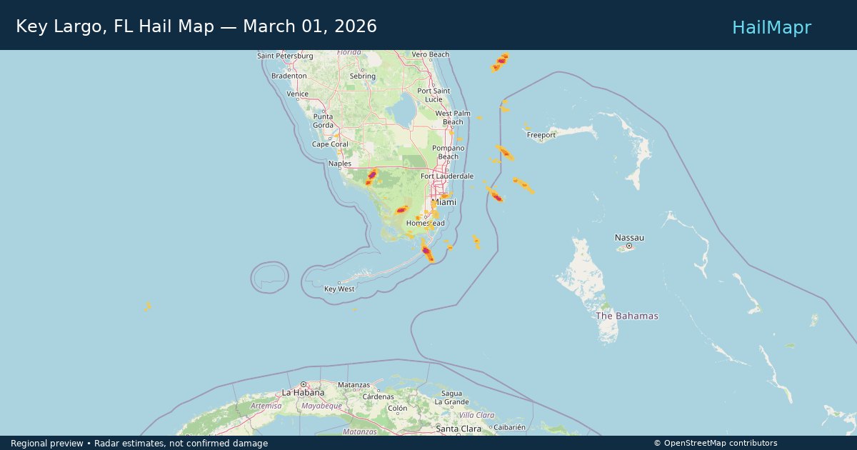 Key Largo, FL Hail Map — March 01, 2026 — regional heatmap and storm polygons