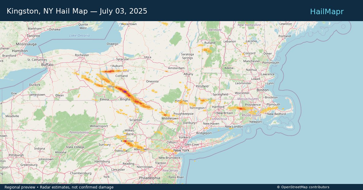 Kingston, NY Hail Map — July 03, 2025 — regional heatmap and storm polygons
