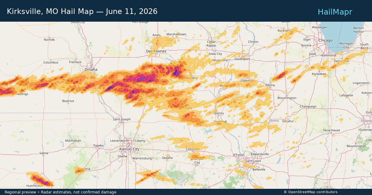 Kirksville, MO Hail Map — June 11, 2026 — regional heatmap and storm polygons