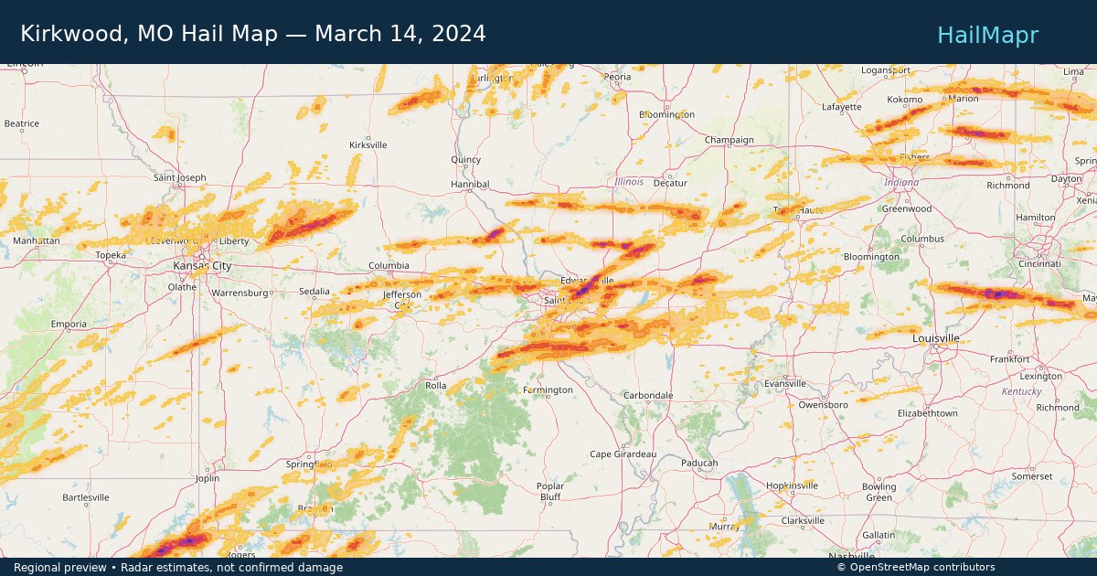 Kirkwood, MO Hail Map — March 14, 2024 — regional heatmap and storm polygons