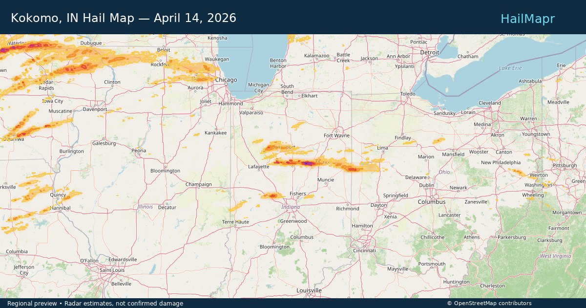 Kokomo, IN Hail Map — April 14, 2026 — regional heatmap and storm polygons