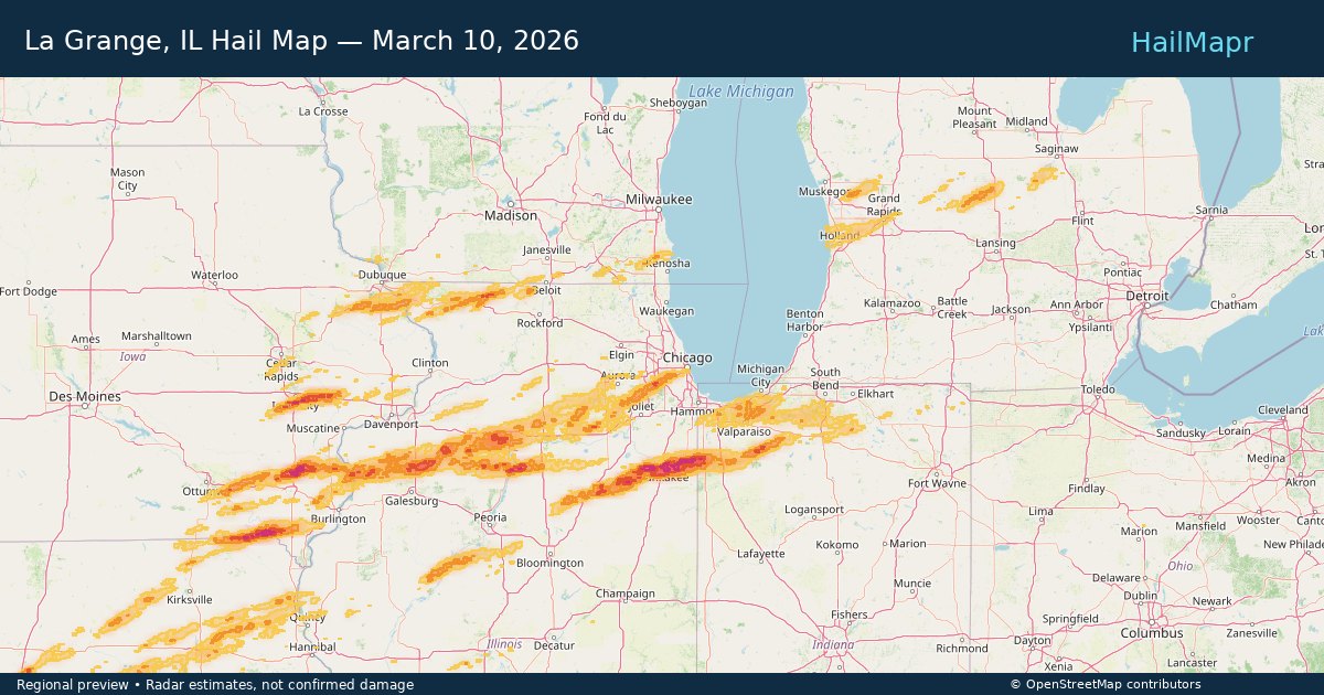 La Grange, IL Hail Map — March 10, 2026 — regional heatmap and storm polygons