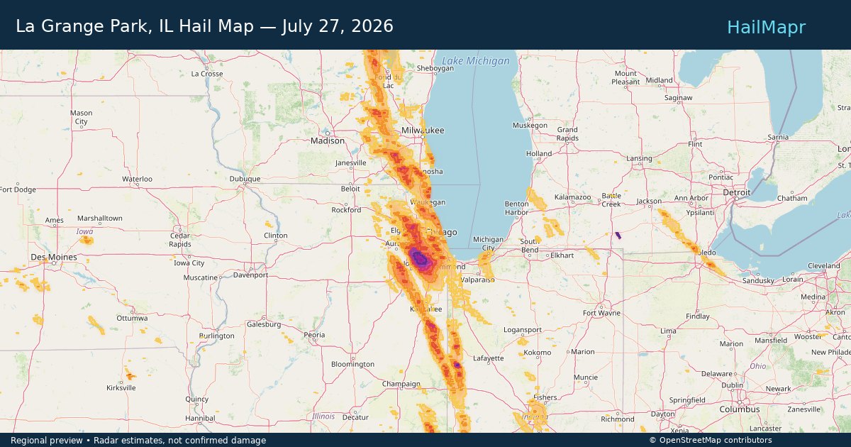 La Grange Park, IL Hail Map — July 27, 2026 — regional heatmap and storm polygons