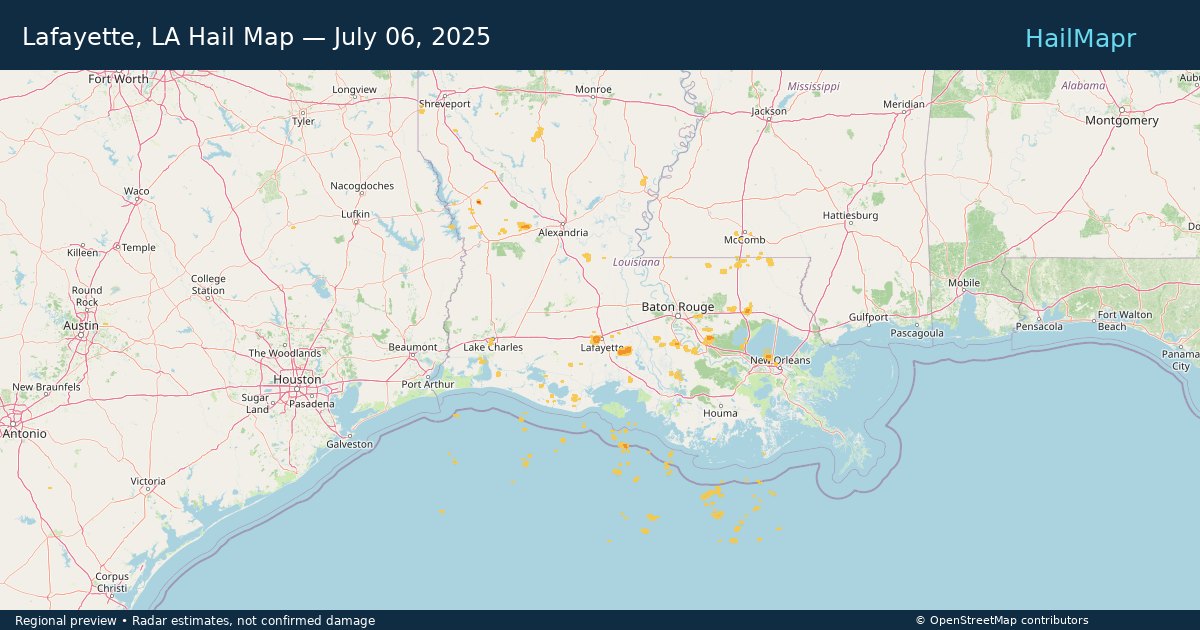 Lafayette, LA Hail Map — July 06, 2025 — regional heatmap and storm polygons