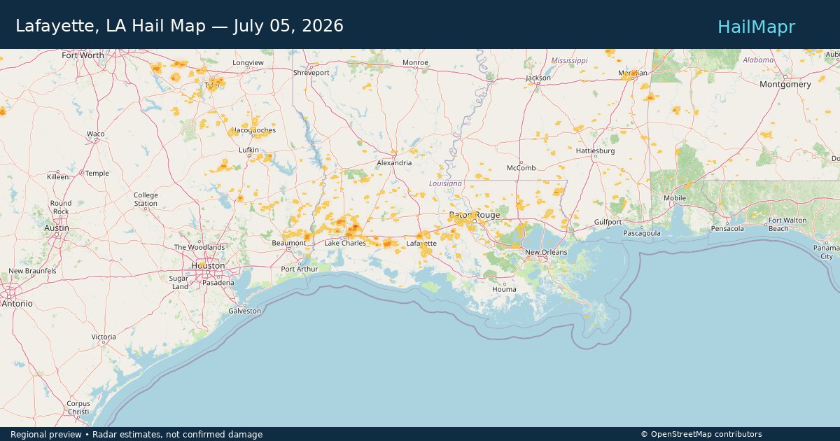 Lafayette, LA Hail Map — July 05, 2026 — regional heatmap and storm polygons